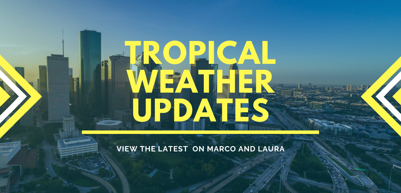 A graphic that says "Tropical Weather Updates. View the latest updates on Marco and Laura"