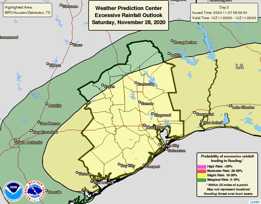 Same excessive weather graphic as Friday, but instead, the yellow area that represents slight risk is extended further north and covers a much wider area of Southeast Texas.