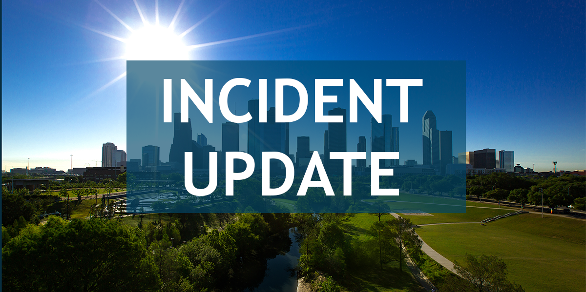 Image de la ligne d'horizon de Houston avec les mots "Incident Update" imposés en haut