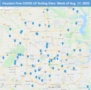 Map showing pins indicating locations of COVID-19 testing sties. 