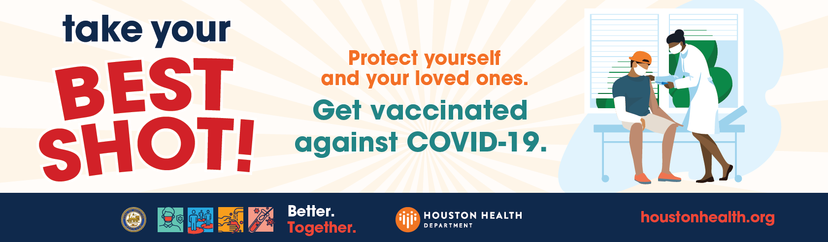 tybs web banner African American medical professional giving a younger African American younger person a vaccination, both wearing masks. Text reads :Take Your Best SHot: Get Vaccinated Against COVID-19."