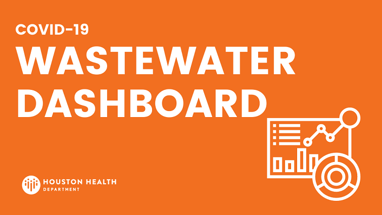 Icons resprsenting data collection with text reading "Covid-19 wastewater dashboard." The Houston Health Department logo in on the bottom left.